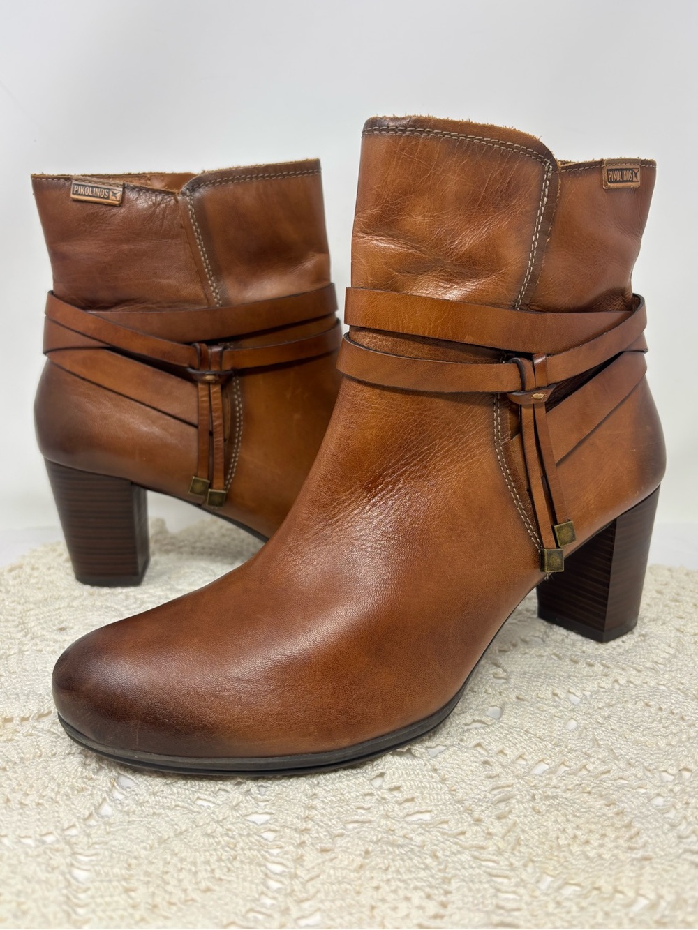 Pikolinos Verona Tan Brown Leather Ankle Boots Booties Side Zip EU 40 US 9-9.5
